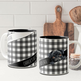 Dog Mom Buffalo Plaid White Black Pug Custom  Two-Tone Coffee Mug