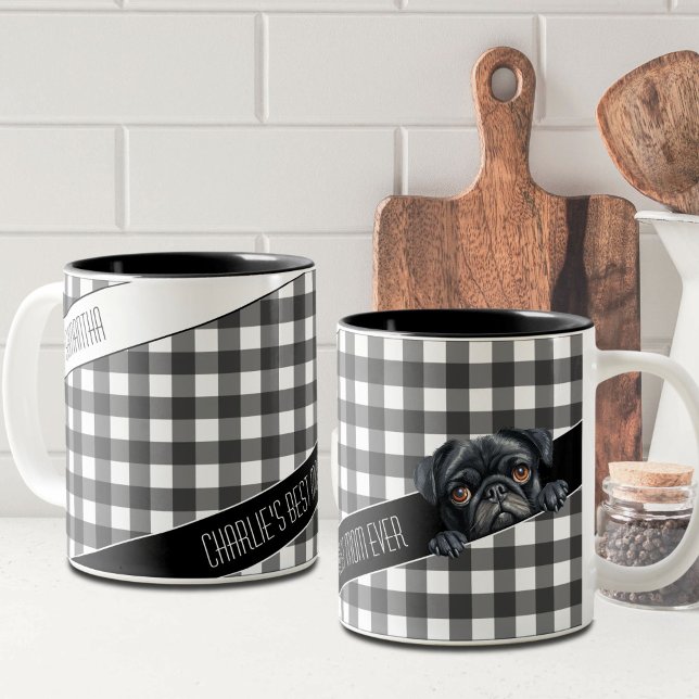 Dog Mom Buffalo Plaid White Black Pug Custom  Two-Tone Coffee Mug (Creator Uploaded)