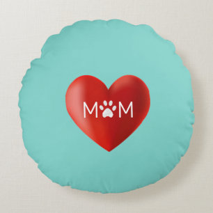 Dog Mom, Cat Mom with Paw & Heart on Teal Round Pillow