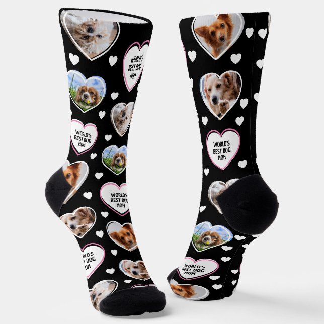 DOG MOM Custom 4 Pet Cat Dog Heart Photo Black Socks (Angled)