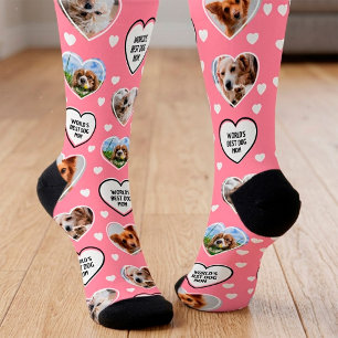 DOG MOM Custom 4 Pet Cat Dog Heart Photo Pink Socks