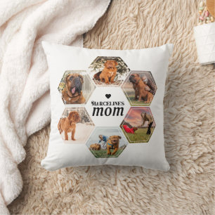 Dog Mom Custom Pet Hexagon Photo Collage with Name Throw Pillow