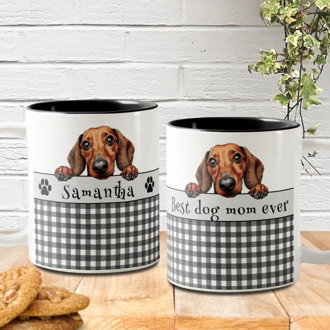 Dog Mom Dachshund Custom Text Two-Tone Coffee Mug (Creator Uploaded)