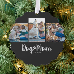 Dog Mom Established Modern Script Black 3 Photo Ornament Card