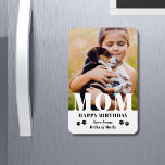 Dog Mom Happy Birthday Modern Personalized Photo Magnet<br><div class="desc">Dog Mom Happy Birthday Modern Personalized Photo Magnets. This modern design features a "MOM" white text overlay on your favourite photo on a white background with the editable text "Happy Birthday (your text and name)" is written in modern typography accented with paw prints. Personalize the text by editing the text...</div>