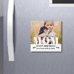 Dog Mom Happy Birthday Modern Personalized Photo Magnet<br><div class="desc">Dog Mom Happy Birthday Modern Personalized Photo Magnets. This modern design features a "MOM" white text overlay on your favourite photo on a white background with the editable text "Happy Birthday (your text and name)" is written in modern typography accented with paw prints. Personalize the text by editing the text...</div>