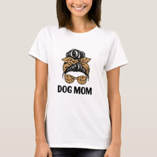 Dog Mom Leopard Messy Bun Design T-Shirt