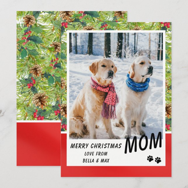 Dog Mom Merry Christmas Modern Pine Floral Photo (Front/Back)