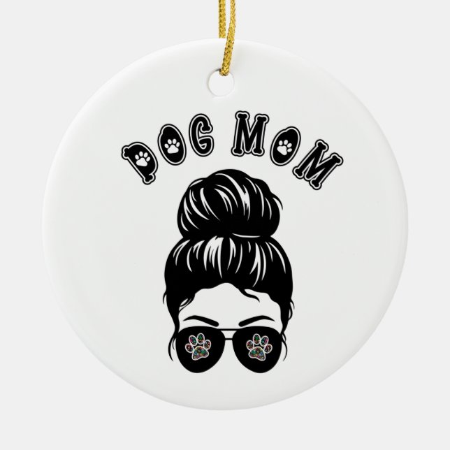 Dog Mom Messy Bun Black & White Art Ceramic Ornament (Front)