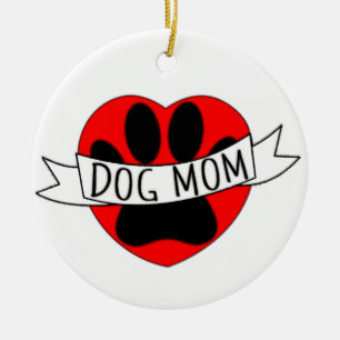 Dog Mom Paw And Red Heart Drawing Ceramic Ornament