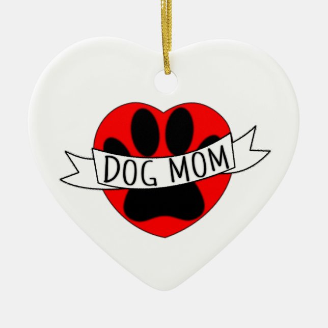 Dog Mom Paw And Red Heart Drawing Ceramic Ornament (Front)