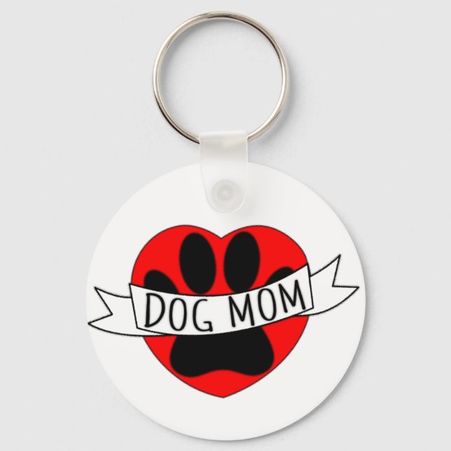 Dog Mom Paw And Red Heart Drawing Keychain (Front)