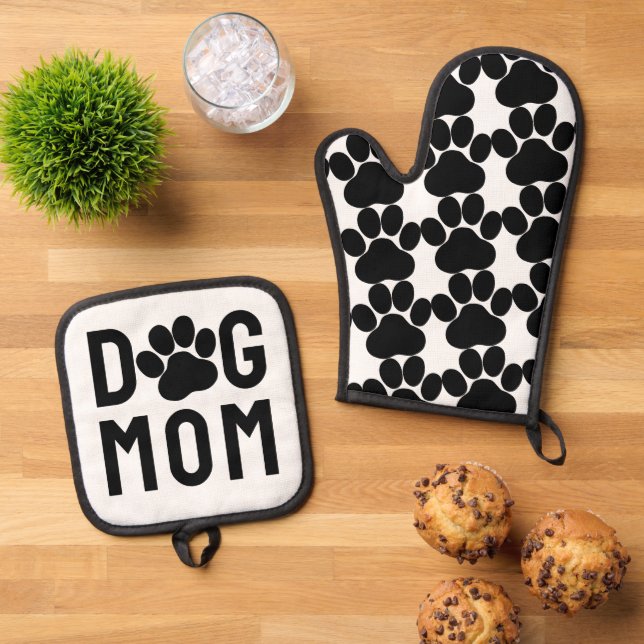 Dog Mom Paw Prints Oven Mitt & Pot Holder Set (Top Down)