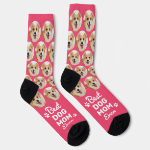DOG MOM Personalized Chic Pink Pattern Pet Photo Socks