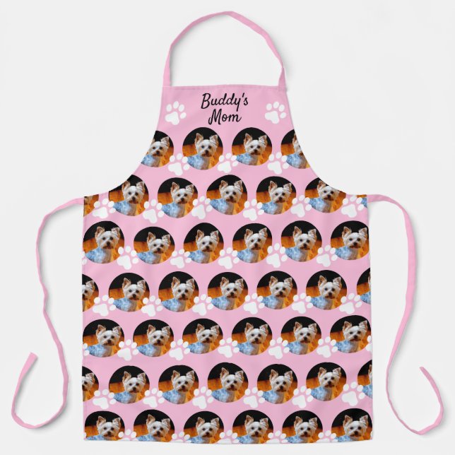 Dog Mom Pet Photo Pattern Name Pink w Paw Print Apron (Front)