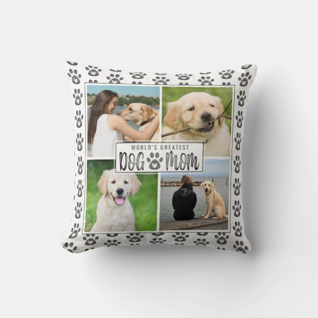 Dog Mom Photo Collage Paw Print Heart Pattern Grey Throw Pillow (Front)