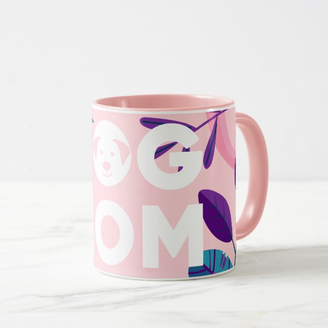 DOG MOM, Pink Floral & Leaves Mug (Front Right)