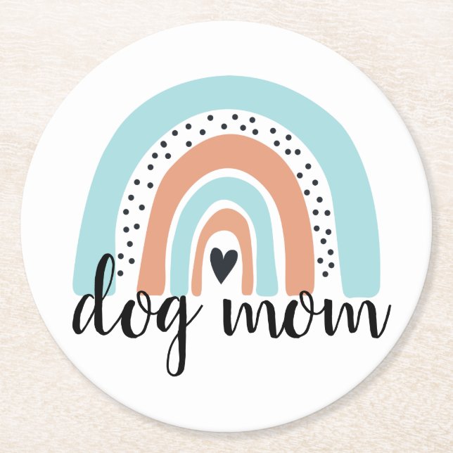 Dog Mom Rainbow Blue Peach Round Paper Coaster (Front)