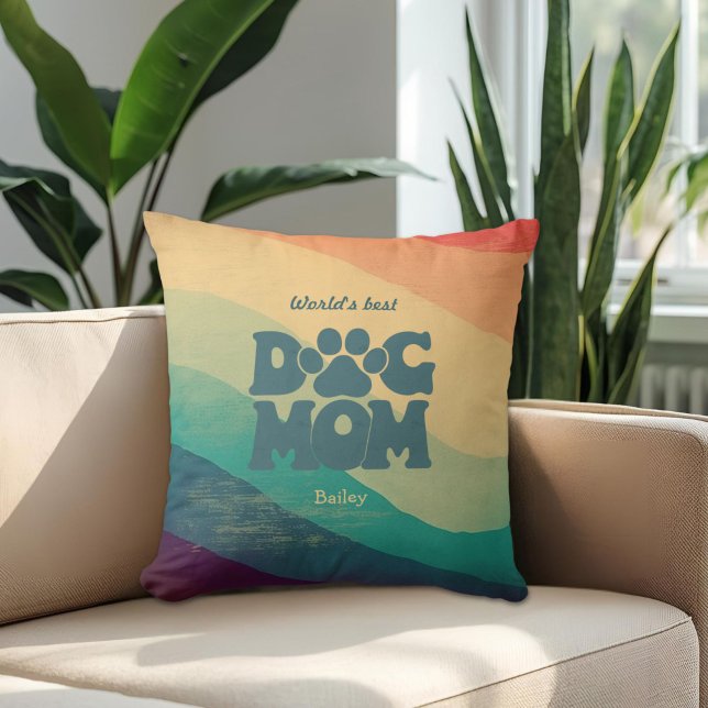 Dog Mom Retro Groovy Personalized Throw Pillow (Creator Uploaded)