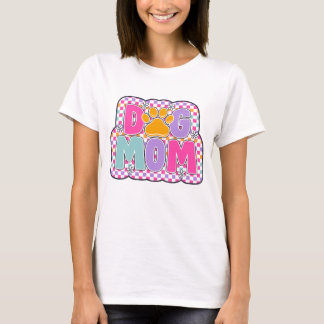 Dog Mom Retro T-Shirt • Pink Checkerboard PawPrint