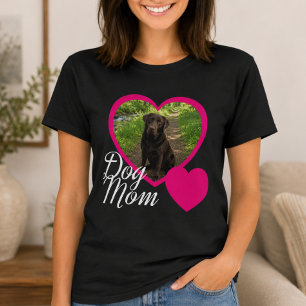 Dog Mom Script Pink Heart Photo Black T-Shirt