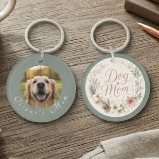 Dog Mom Watercolor Botanical Wreath Photo Keychain