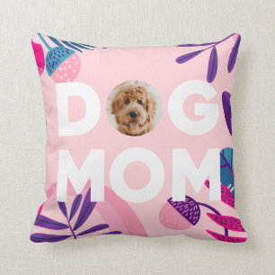 DOG MOM, Your Pup Photo, Pink Flowers & Leaves Throw Pillow