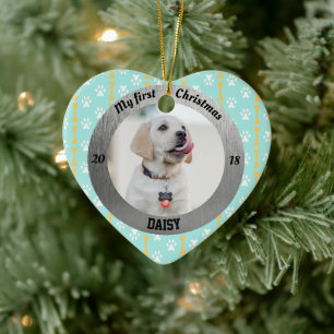 Dog My First Christmas Puppy Photo Name Heart Ceramic Ornament