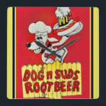 Dog N Suds Root Beer Clock<br><div class="desc">Colourful,  1960's,  Dog N Suds Root Beer,  Wall clock.  Add a touch of nostalgia with this eye-catching red,  yellow,  black,  and white square wall clock that features one of the popular drive-in restaurants of the day. This design may be transferred to other Zazzle products.</div>