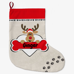 Dog Name with Cute Reindeer off-white Large Christmas Stocking
