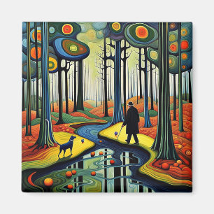 Dog observes man in forest magnet