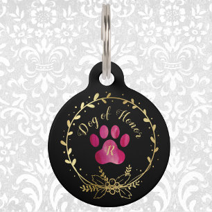 Dog of Honour Fuchsia Paw Print Wedding Pet Tag