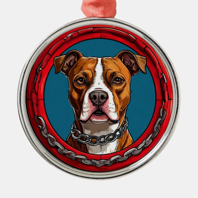 Dog on a blue background with chains metal ornament (Front)