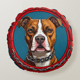 Dog on a blue background with chains round pillow