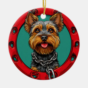 Dog on a green background ceramic ornament