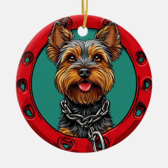 Dog on a green background ceramic ornament (Front)