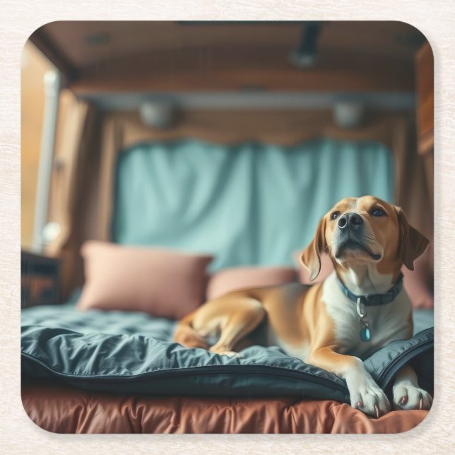 Dog on Bed Square Paper Coaster (Front)