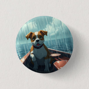 Dog on boat in ocean during rain 1 inch round button