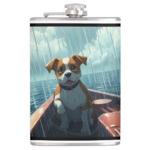 Dog on boat in ocean during rain hip flask