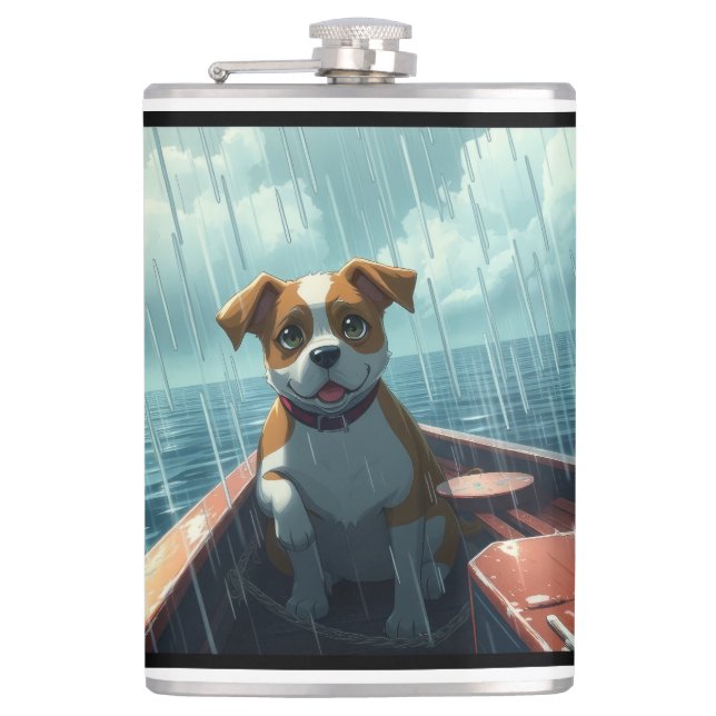 Dog on boat in ocean during rain hip flask (Front)
