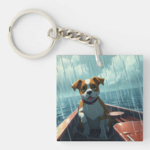 Dog on boat in ocean during rain keychain