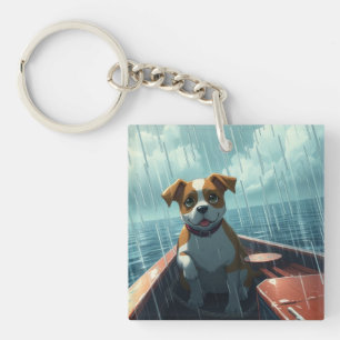 Dog on boat in ocean during rain keychain
