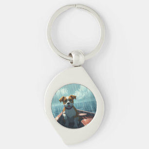 Dog on boat in ocean during rain keychain