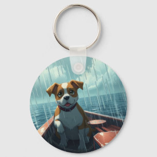 Dog on boat in ocean during rain keychain