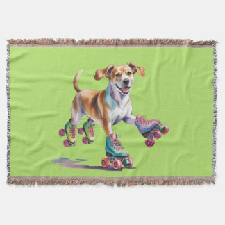 Dog On Roller Skates Watercolor Throw Blanket
