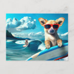 Dog on Surfboard Wearing Sunglasses AI Art Postcard<br><div class="desc">This cool computer-generated digital art graphic shows dogs on surfboards in an ocean surfing. There are waves and Hawaii-like mountains in the background. Created with multiple image generations of the AI source DALL-E, this new form of artwork is fun for fans of technology, surfing, the ocean, and dogs! Makes a...</div>