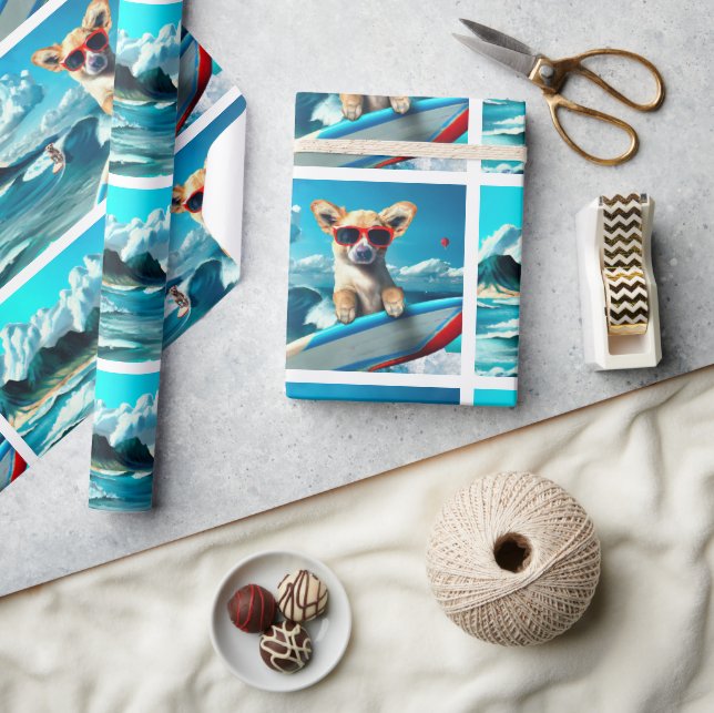 Dog on Surfboard Wearing Sunglasses AI Art Wrapping Paper (Crafts)