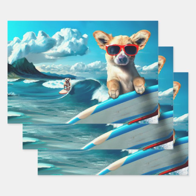 Dog on Surfboard Wearing Sunglasses AI Art Wrapping Paper Sheet (Set)