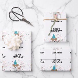 Dog Partying - Animals at Birthday Party Name Wrapping Paper Sheet