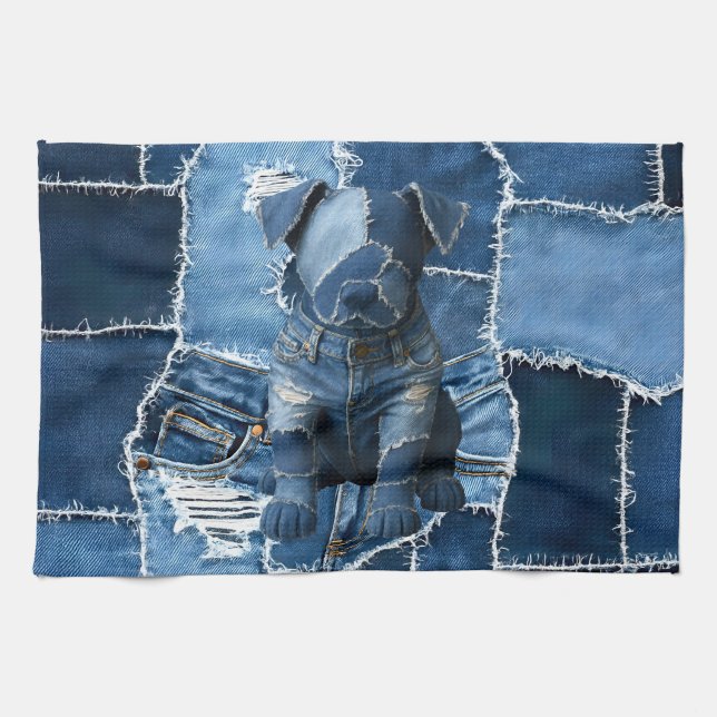 Dog Patchwork Art Denim Kitchen Towel (Horizontal)
